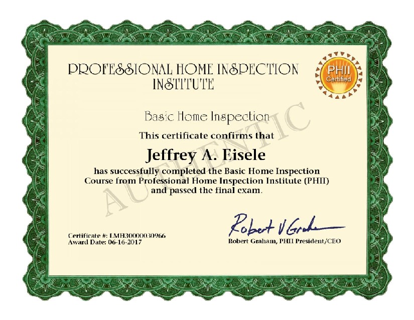 Eisele Certificate Basic Home Insepction Course